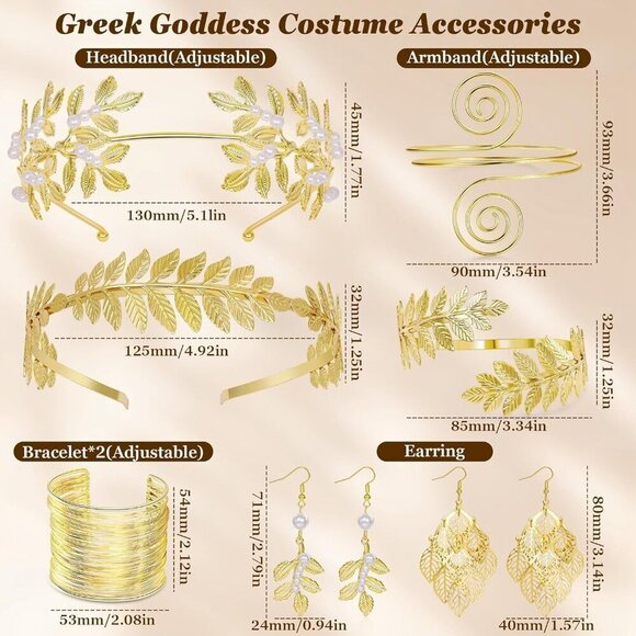 Greek Goddess Costume Accessories Set Gold Laurel Leaf Headband Bracelets Earrin